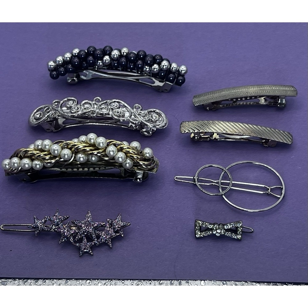 Lovely Vtg Rhinestone Hair Barrettes Clips LOT of 8 Silver & Gold Tone Arts